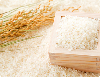 精米された米の上に稲穂と升に入ったお米